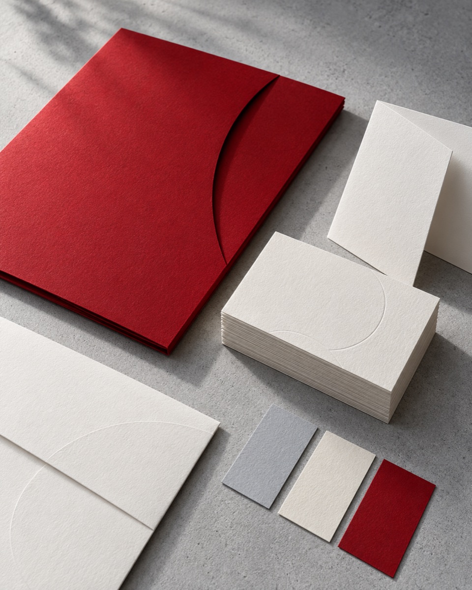 Conceptual arrangement of ivory stationery, a scarlet folder and color swatches on a gray background