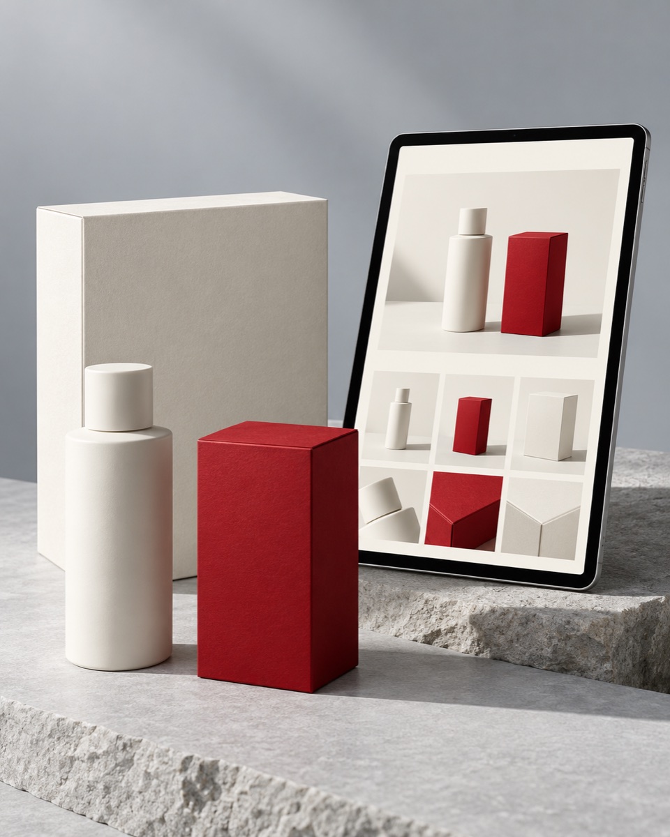 Conceptual product and packaging arrangement with a tablet showing an online store