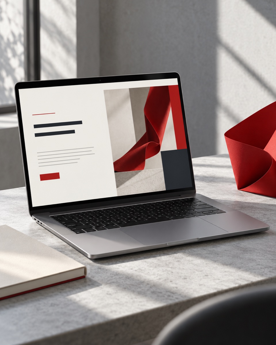 Conceptual photograph of a laptop showing an editorial website layout with a notebook and scarlet accent